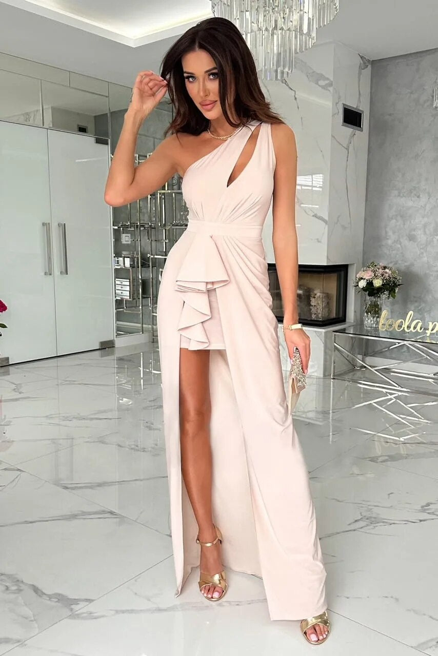 Robe Maxi à une Epaule avec Découpe et Volant