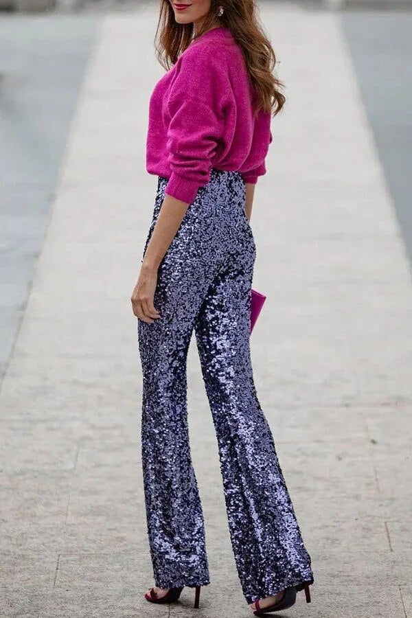 Pantalon Large à Paillettes à Taille Haute et Élastique