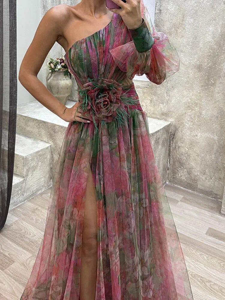 Robe Maxi à Imprimé Floral Asymétrique