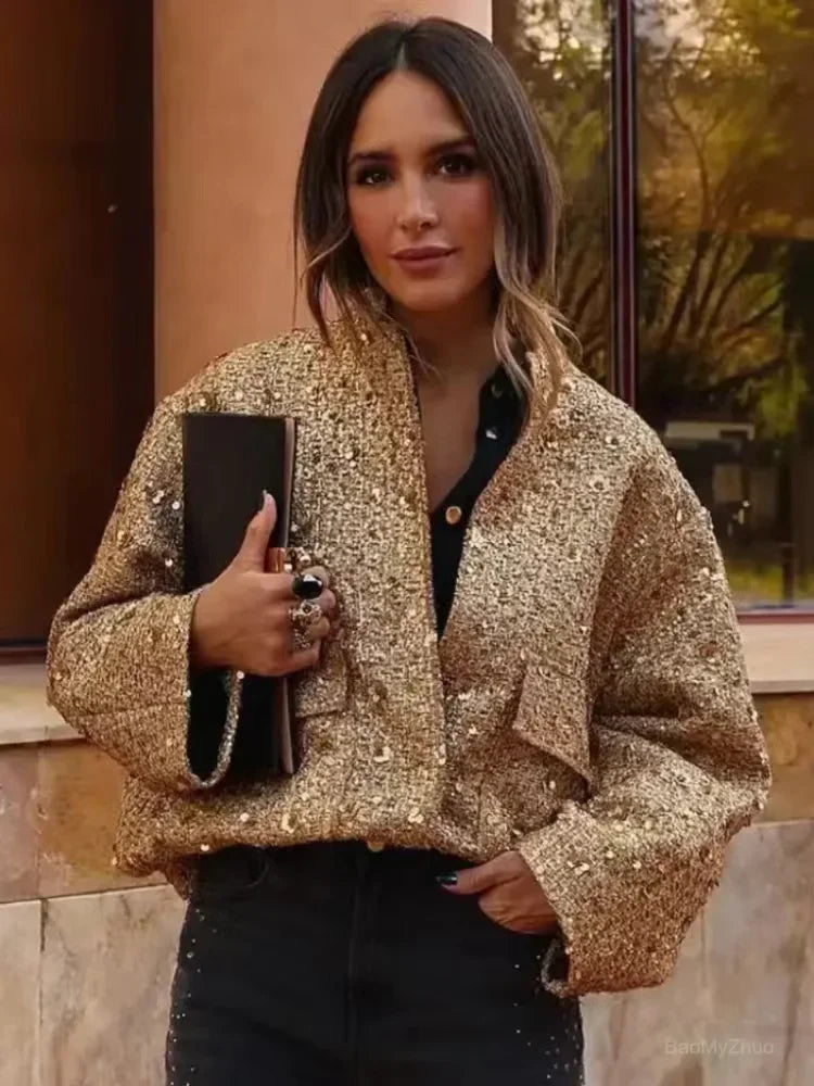 Kathleen – Veste Bomber à Paillettes Or pour Femme