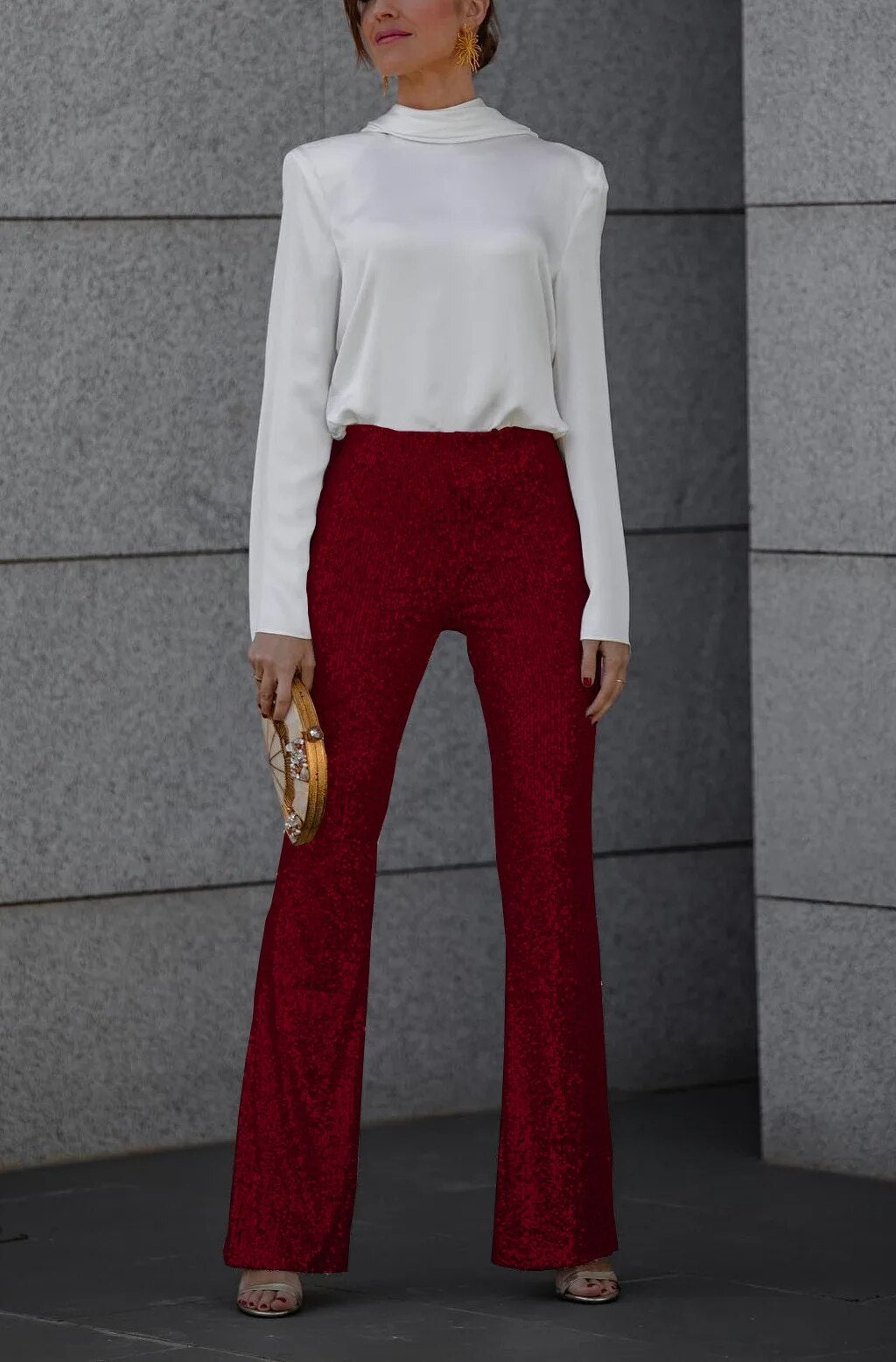 Pantalon Large à Paillettes à Taille Haute et Élastique