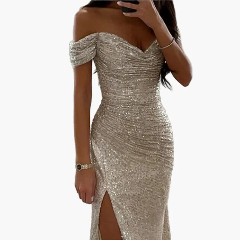 Robe de soirée longue femme fendue épaules dénudées style glamour pour bal ou cérémonie