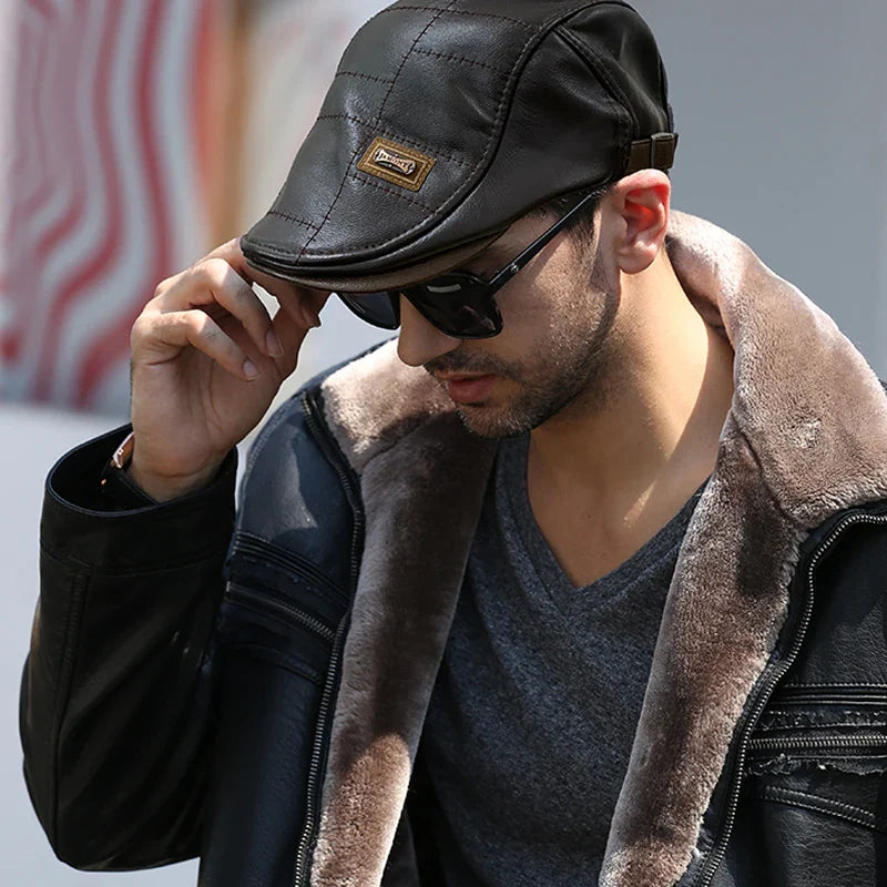 Christopher – Béret d'Hiver en Cuir Synthétique pour Hommes avec Visière