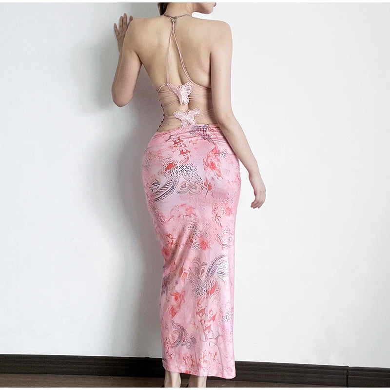 Robe Imprimée Dos Nu avec Col Papillon