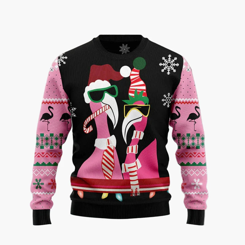 Pull de Noël fantaisie unisexe style "Ugly Christmas Sweater" avec flamants roses et message humoristique