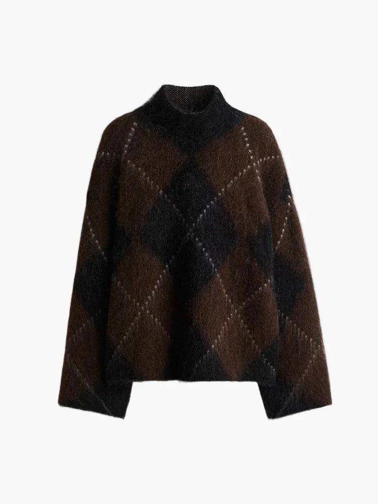 Pull oversize à motif losanges pour femme, style décontracté et tendance, idéal pour l'automne et l'hiver