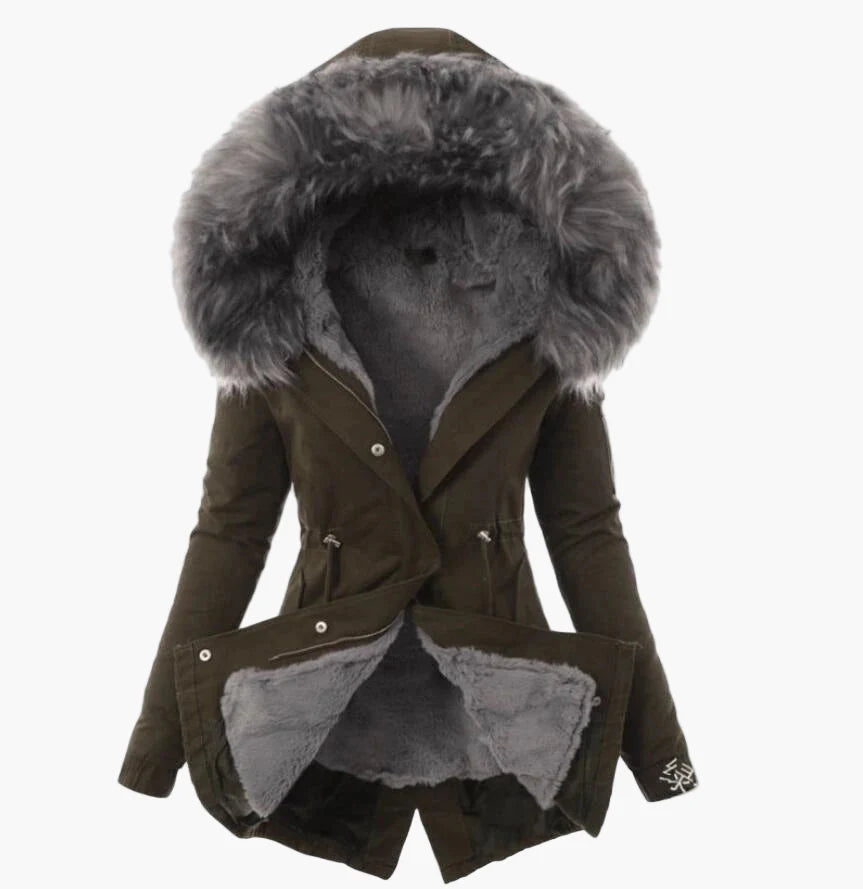 Manteau d'hiver femme élégant à capuche large fourrée style urbain chaud