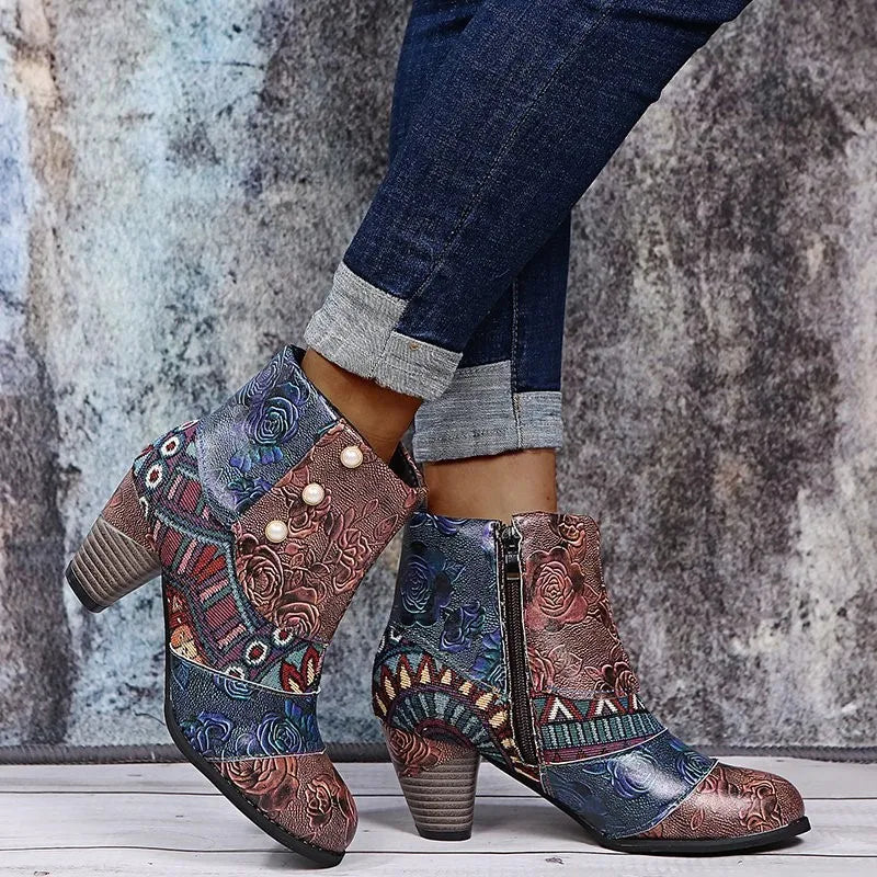 Helen – Bottines en Cuir Bohème Vintage et Talon Bas Confortable