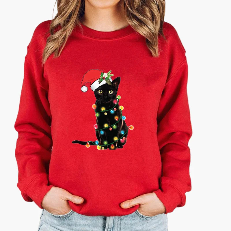 Sweatshirt Femme Style Noël avec Chat et Guirlandes Lumineuses – Idéal pour les Fêtes d’Hiver