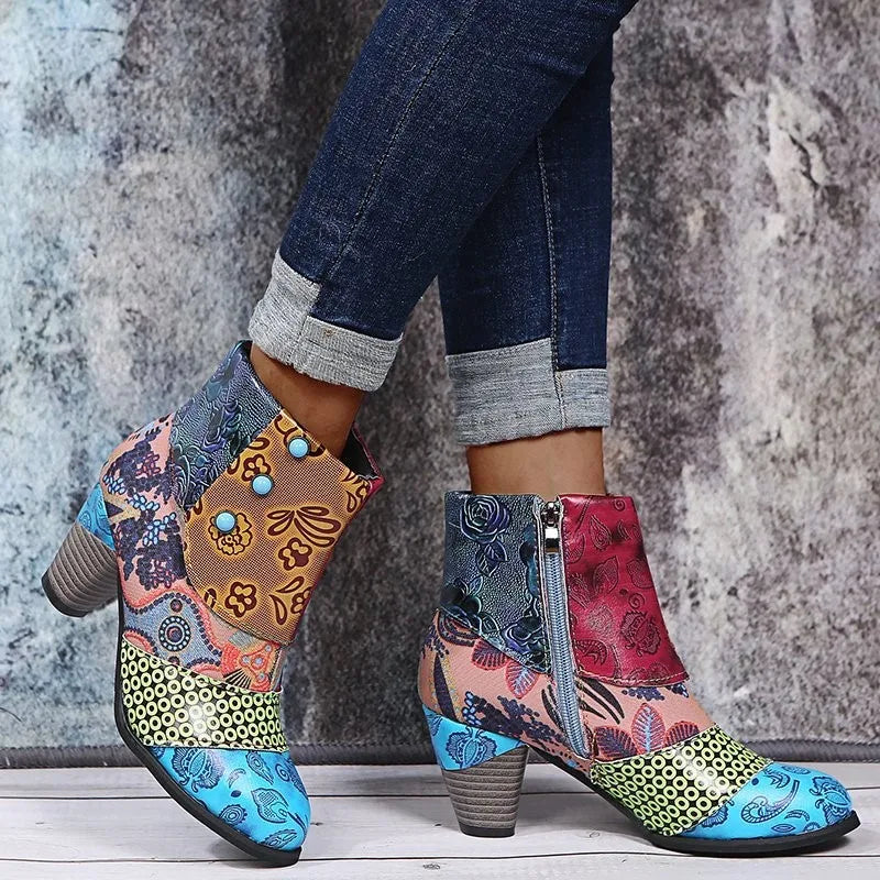 Helen – Bottines en Cuir Bohème Vintage et Talon Bas Confortable