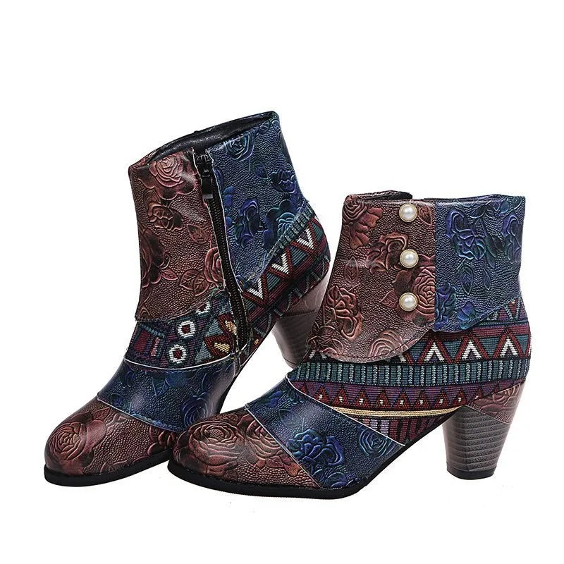 Helen – Bottines en Cuir Bohème Vintage et Talon Bas Confortable