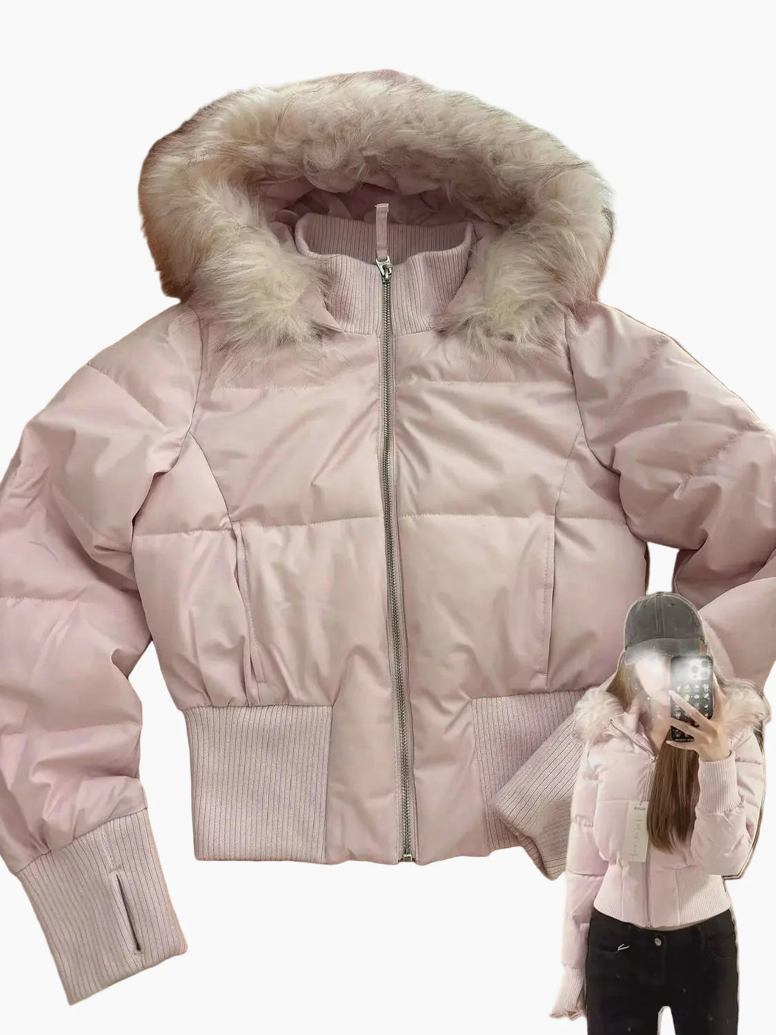 Veste doudoune femme style urbain à capuche, coupe cintrée et col en fausse fourrure pour l'automne et l'hiver
