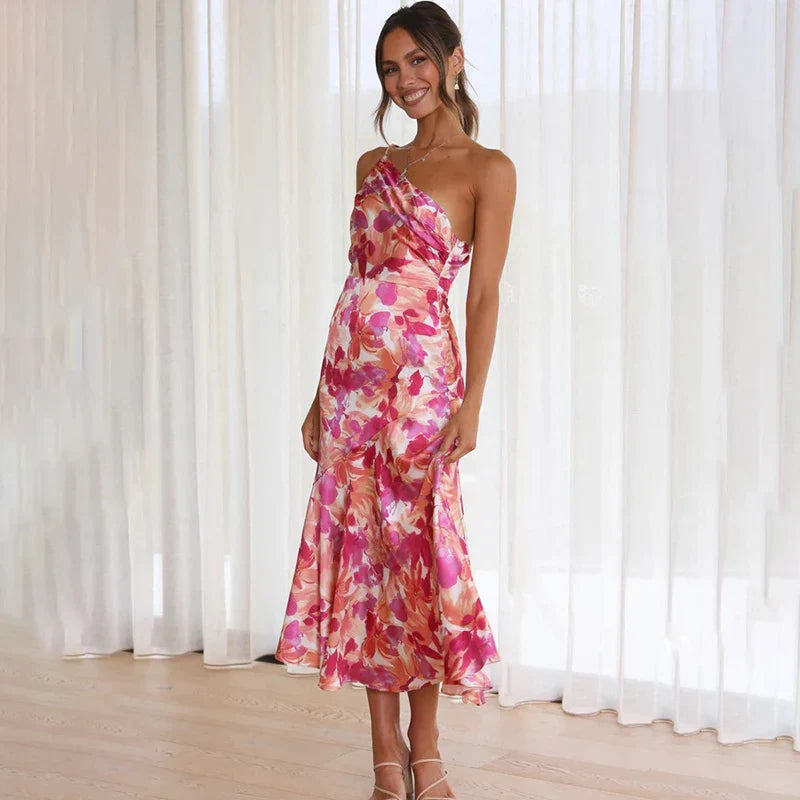 Robe midi à Bretelles et Dos Nu Imprimé Floral