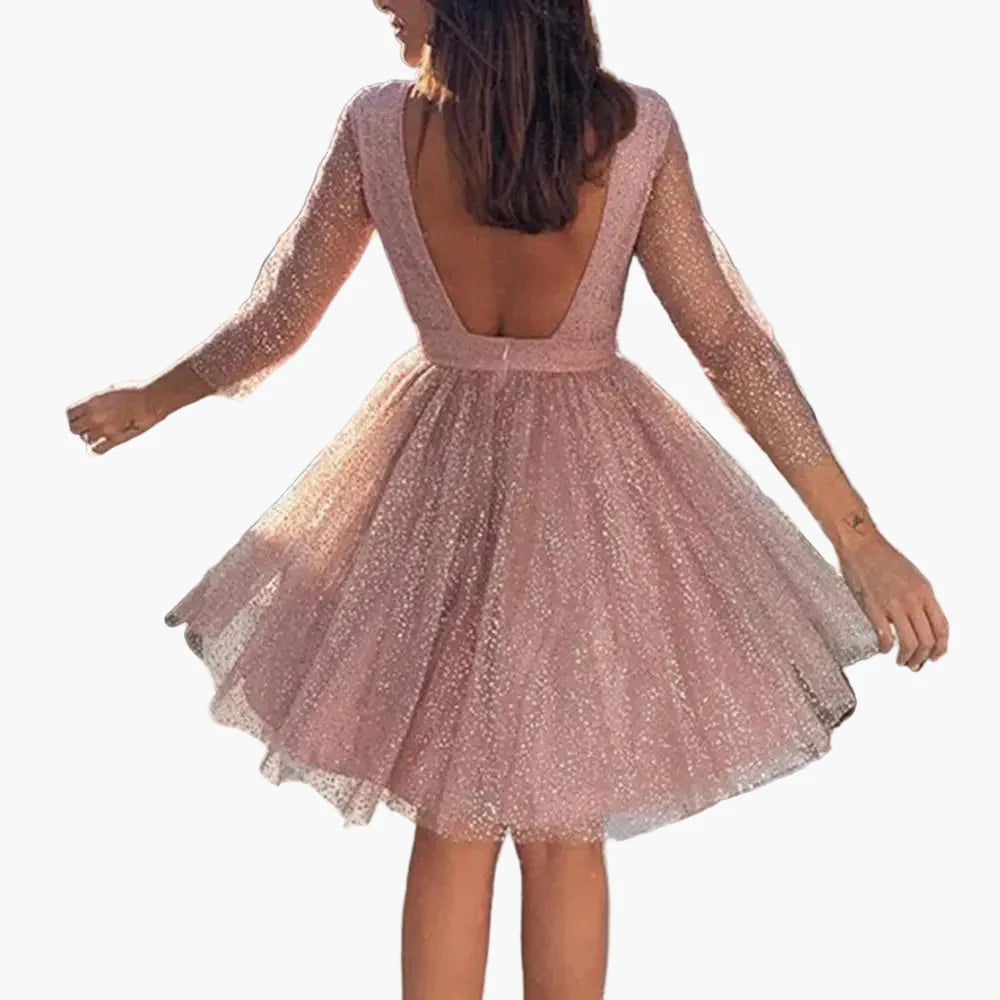 Robe de soirée femme élégante à paillettes manches longues transparente dos nu – Idéale pour cocktail et événements formels