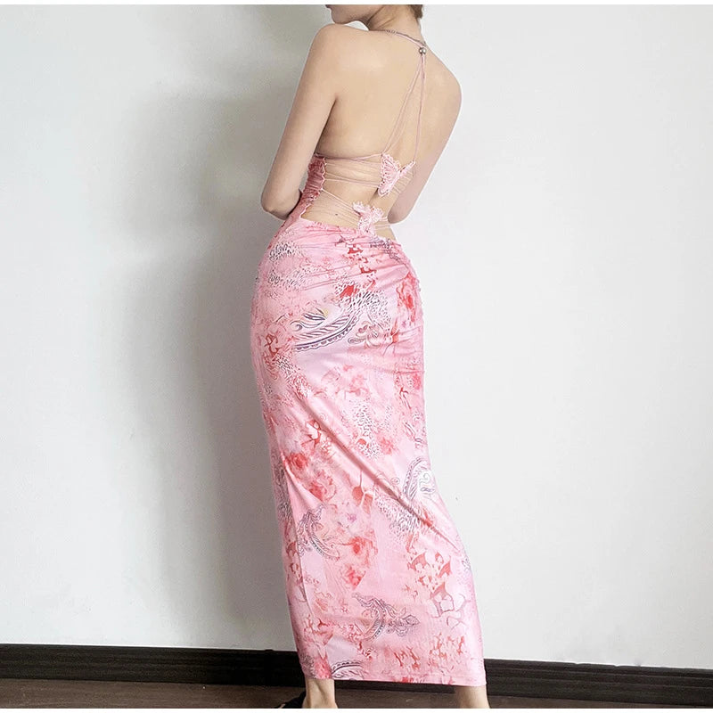 Robe Imprimée Dos Nu avec Col Papillon