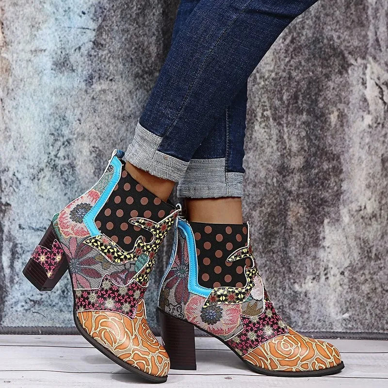 Helen – Bottines en Cuir Bohème Vintage et Talon Bas Confortable