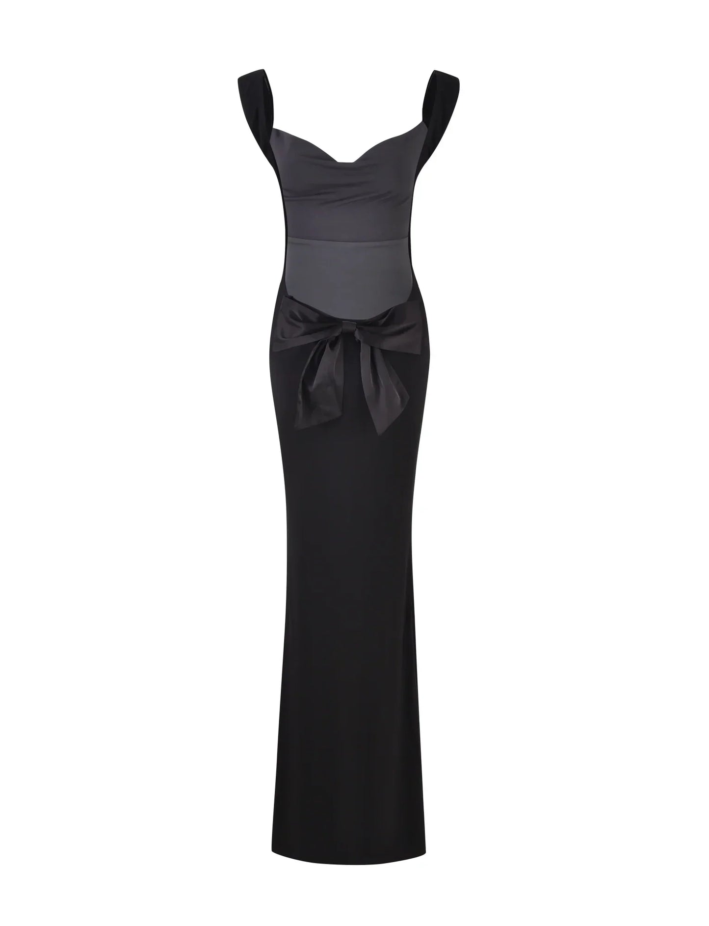 Kathleen – Robe longue en satin noir avec nœud