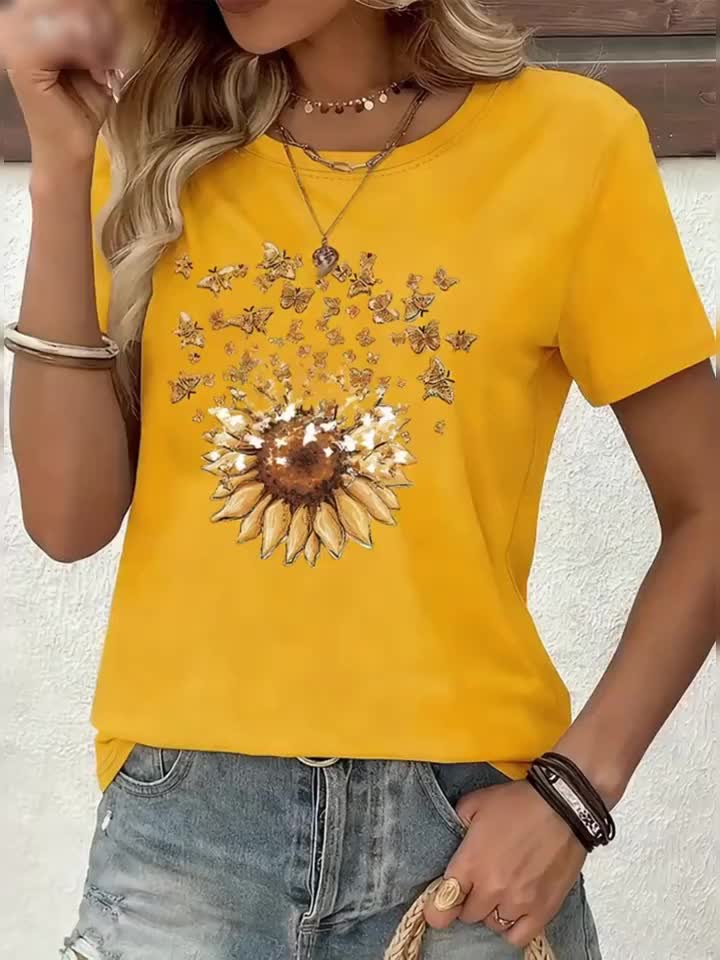 Women's casual style T-shirt with sunflower and butterfly pattern, trendy print for spring-summer