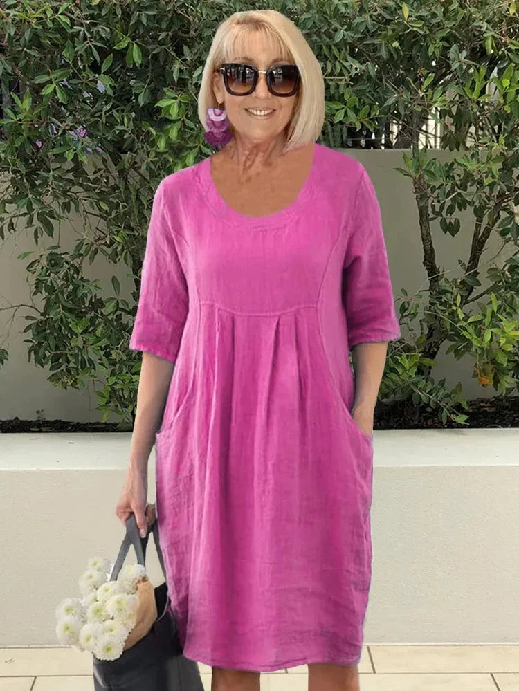 Robe Tunique Midi en Coton à Poches de Couleur Unie