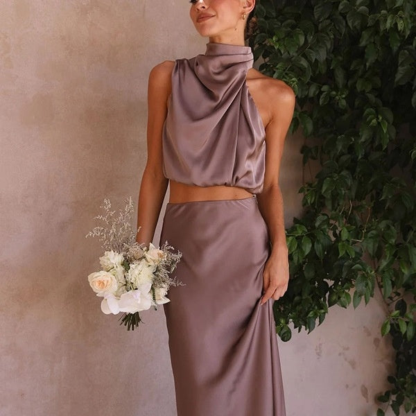 Stephanie – Ensemble Deux Pièces Satiné Multicolore Ajusté