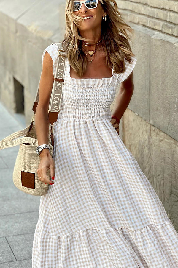 Robe Longue à Buste Smocké Multi Plaid