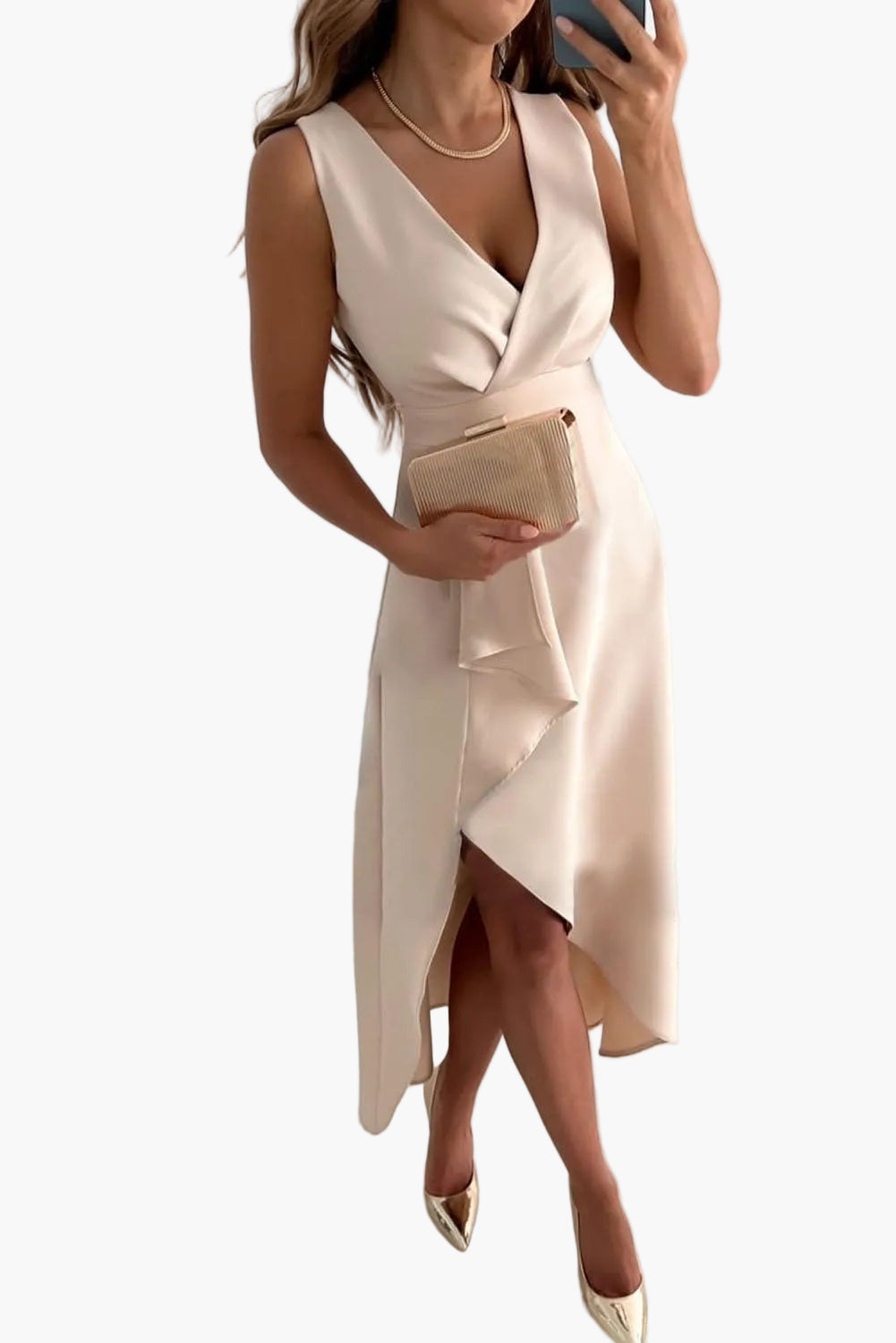 Robe Femme Élégante de Cérémonie Style Portefeuille Asymétrique Décolleté V