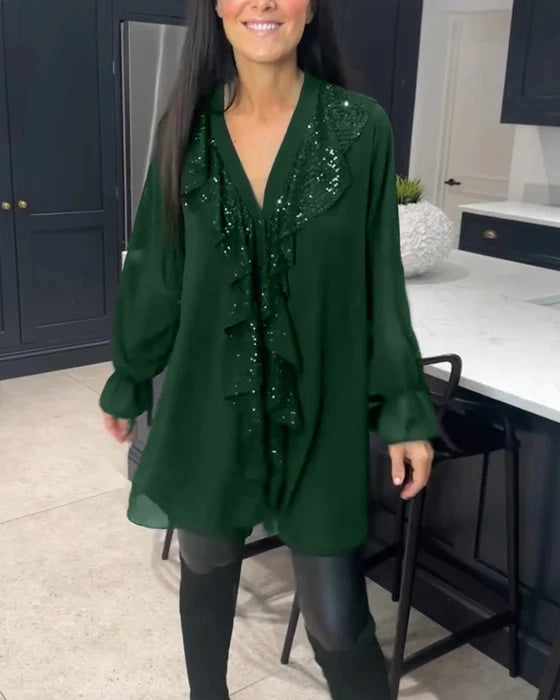 Blouse à Volants Élégants de Couleur Unie