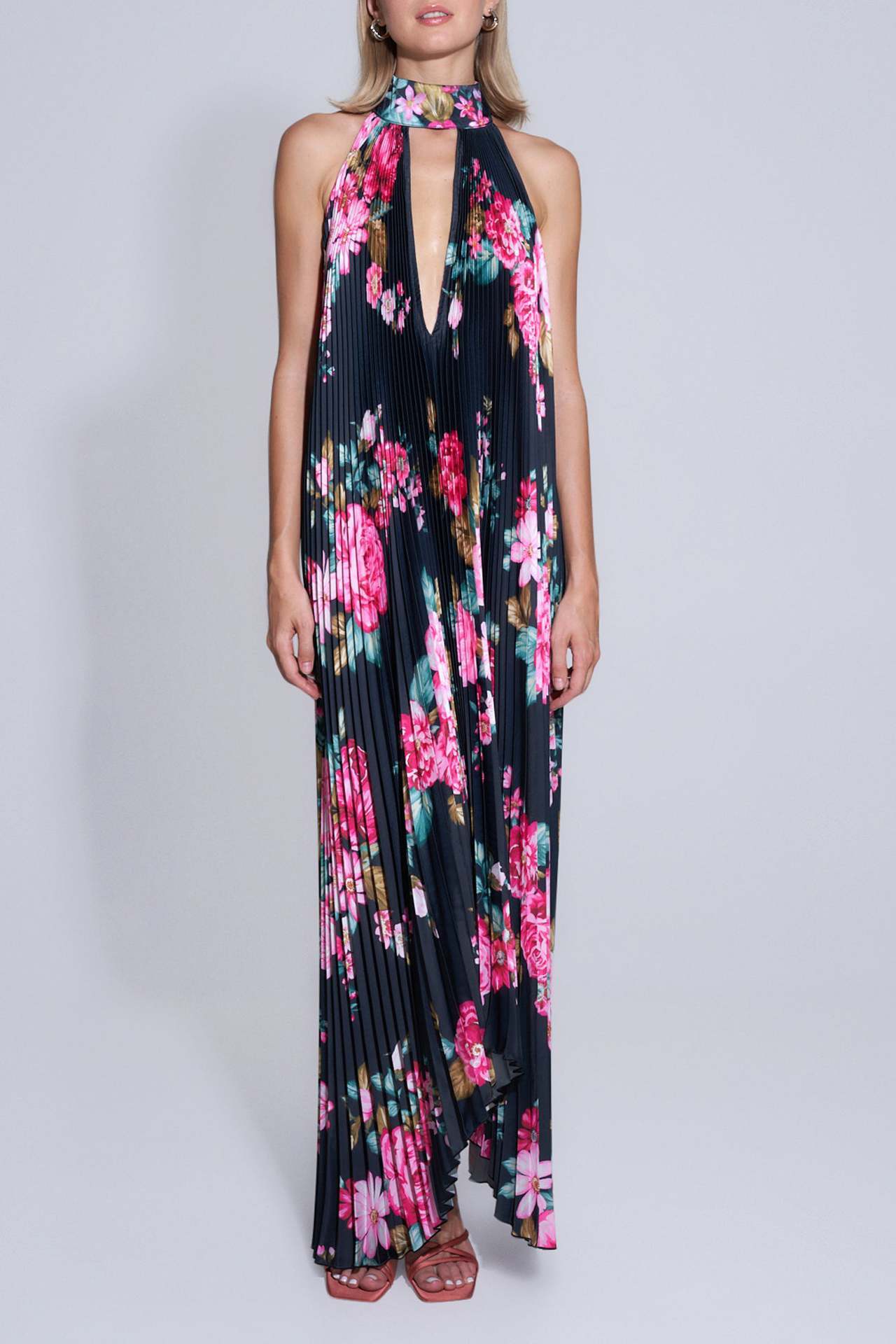 Laura – Robe Swing Plissée Imprimée à Dos Nu et Col V Profond