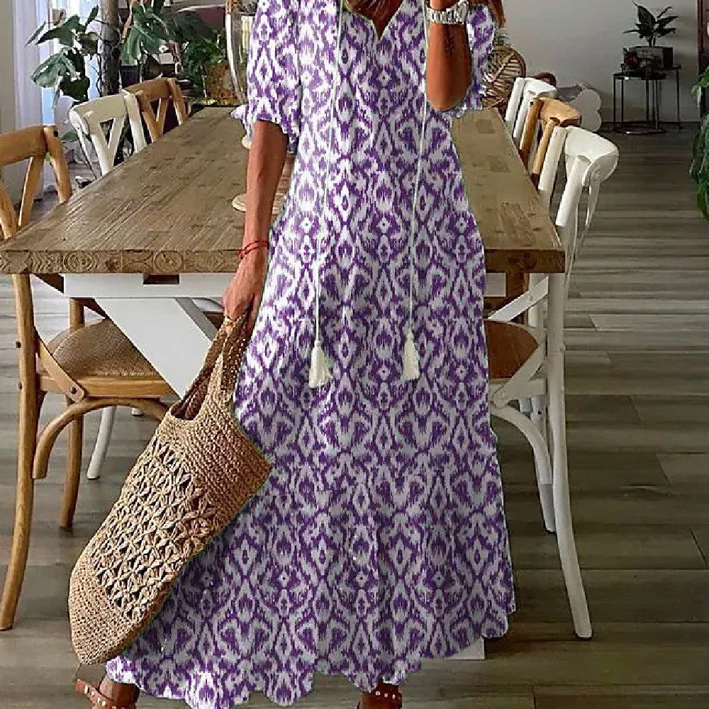 Jennifer – Robe Longue à Manches Moyennes Imprimée