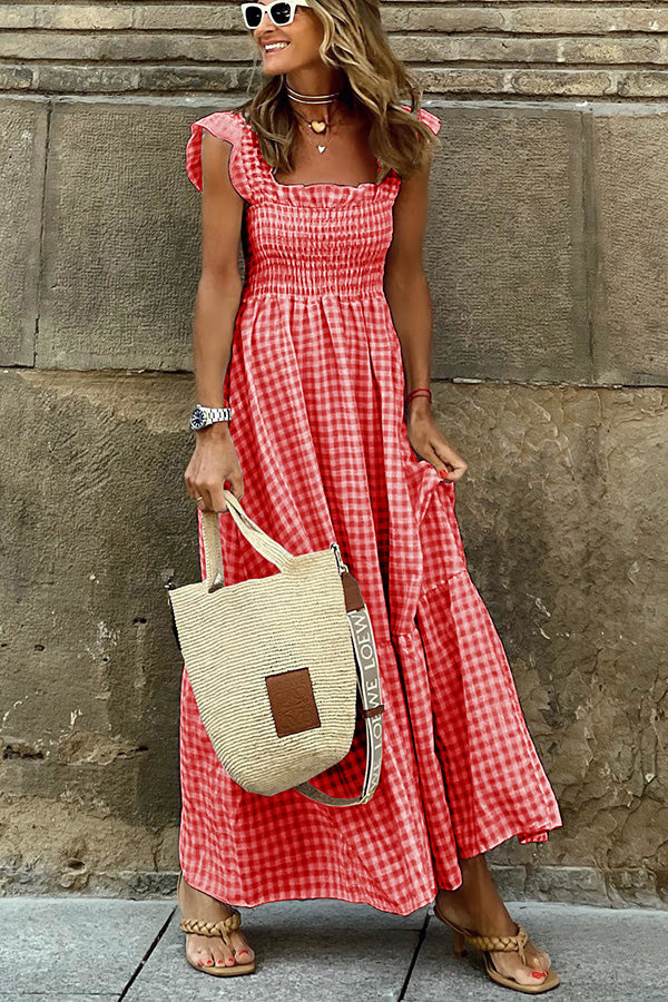 Robe Longue à Buste Smocké Multi Plaid