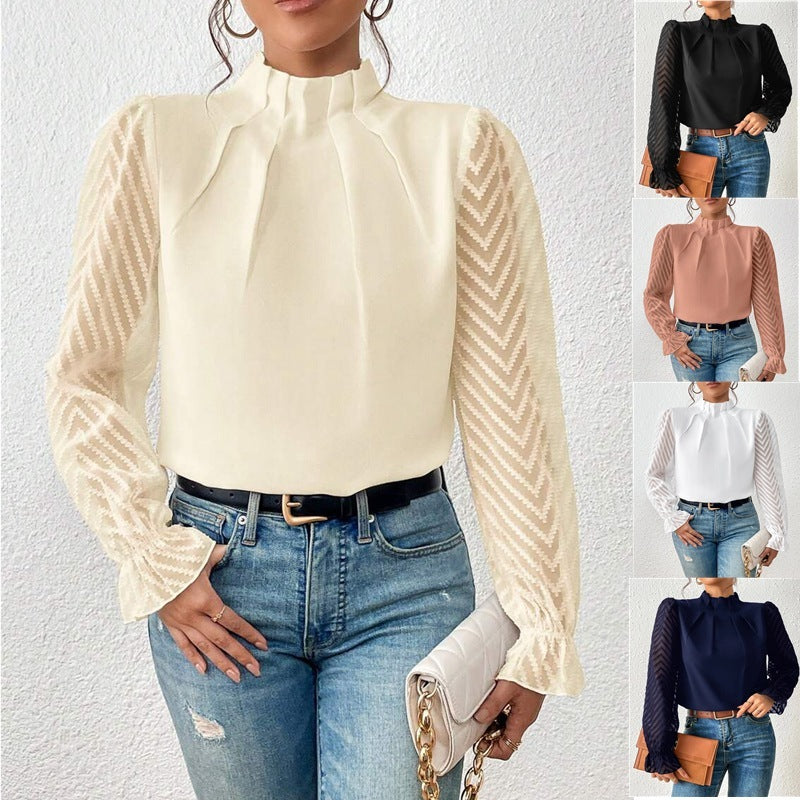 Barbara – Haut en Chiffon à Col Montant avec Manches Longues Ondulées