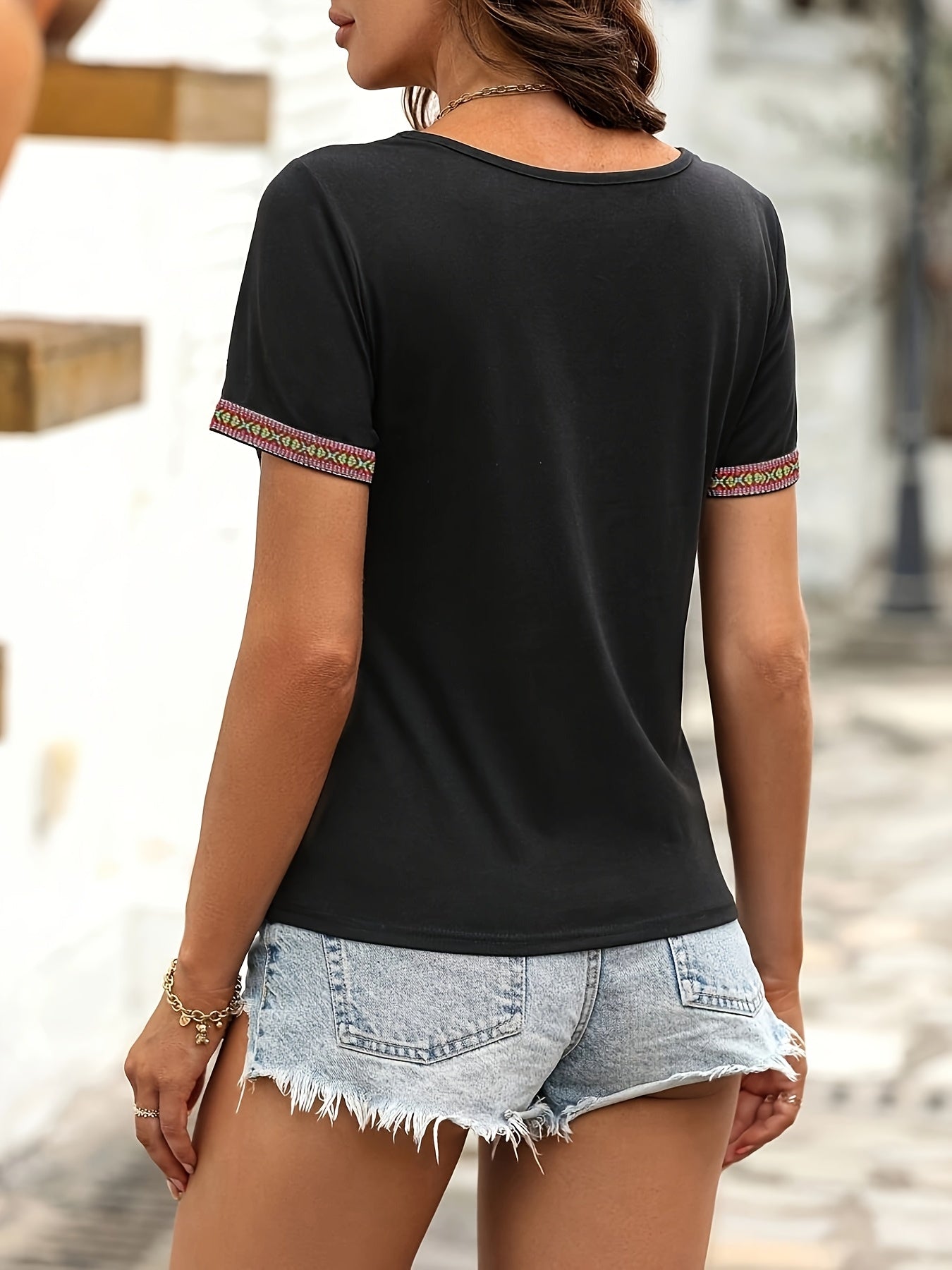 T-shirt décontracté femme col en V style bohème pour printemps et été