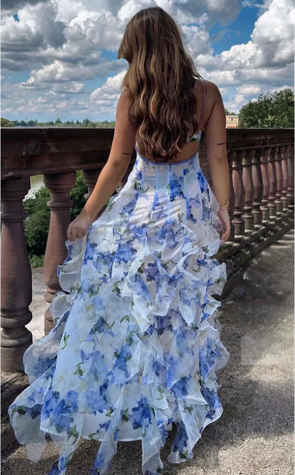 Robe longue femme style féérique élégante à imprimé floral pour soirées et événements