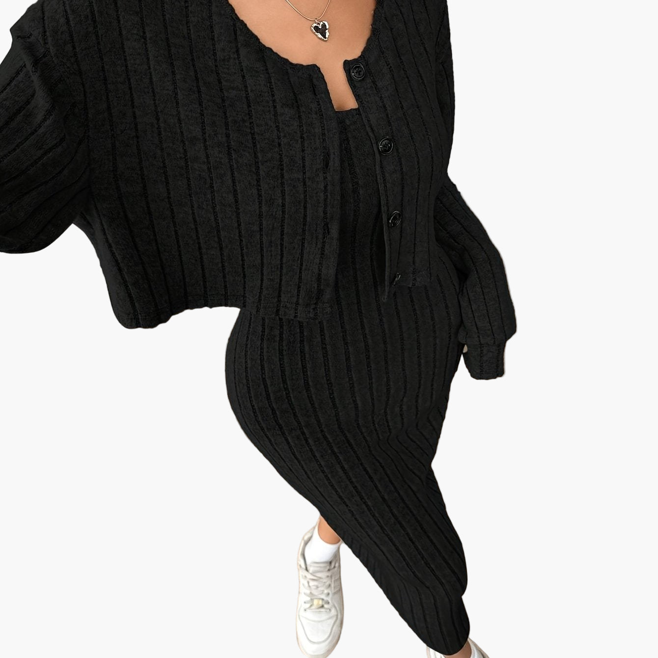 Ensemble Femme Élégant Deux Pièces Pull Boutonné et Jupe Longue Style Décontracté Printemps Automne