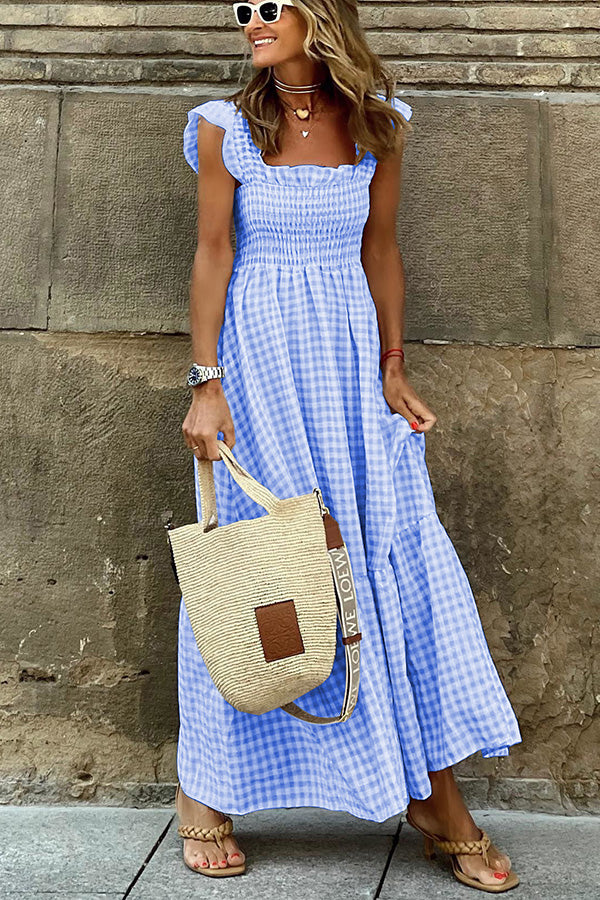 Robe Longue à Buste Smocké Multi Plaid