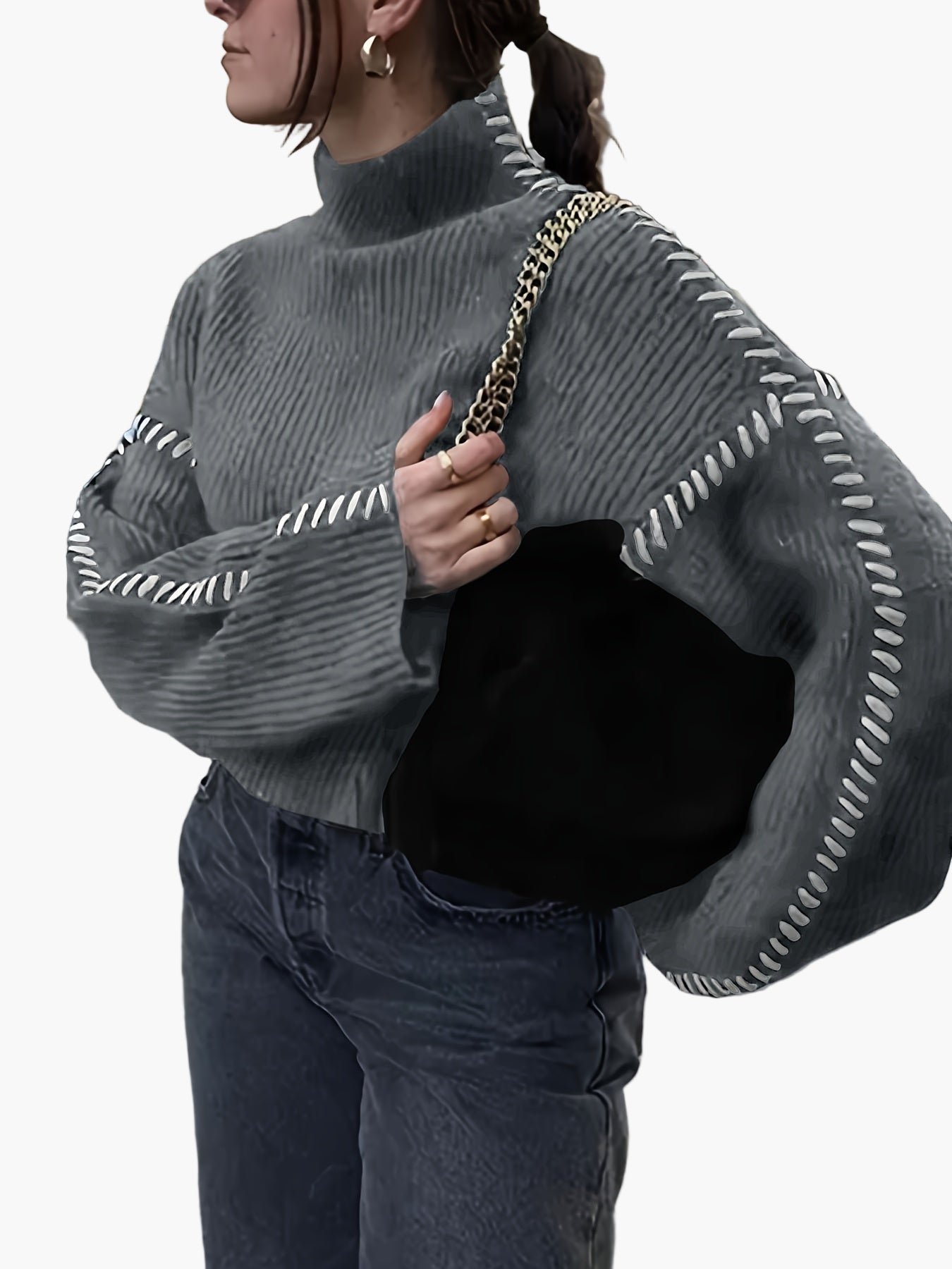 Pull femme style décontracté col montant manches larges détails couture tendance automne hiver