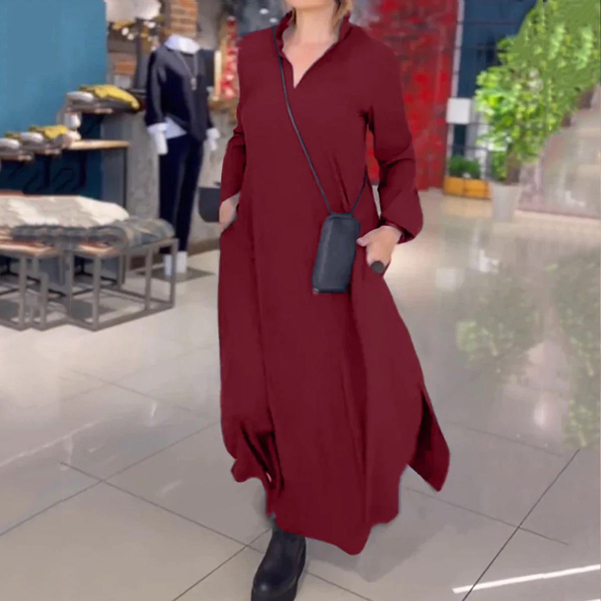 Deborah – Robe Longue Décontractée à Manches Longues et Col V