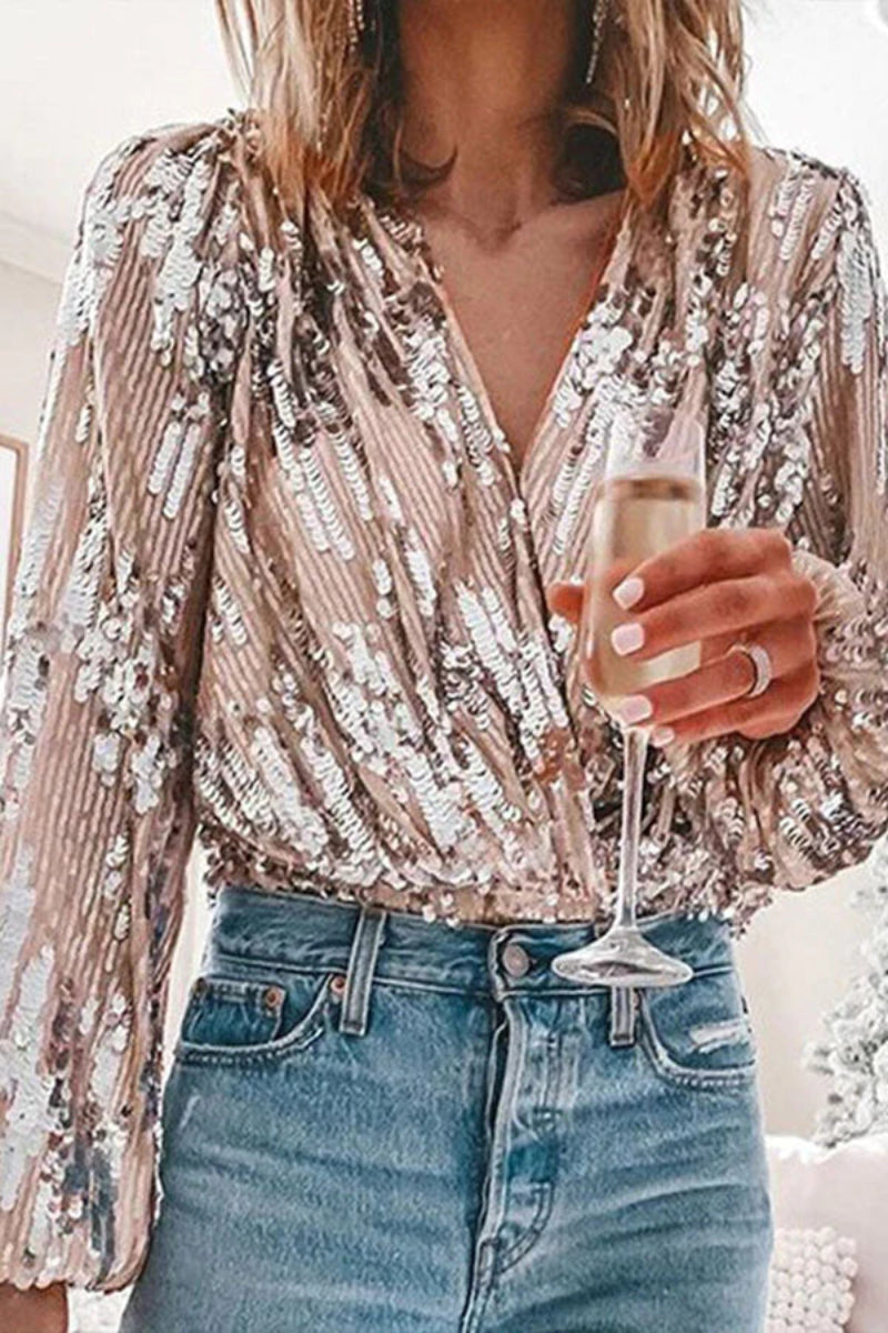 Blouse Femme Élégante à Sequins Style Vintage pour Soirée et Événement