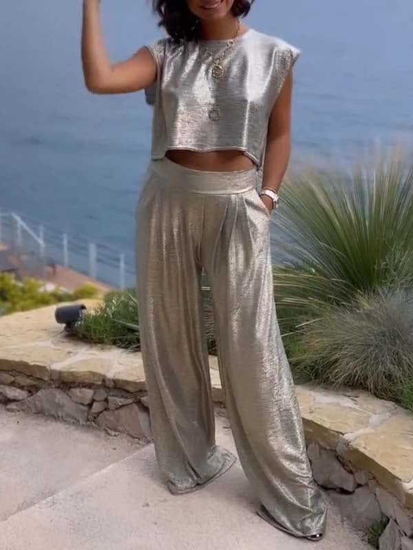 Christine – Ensemble de Pantalons à Jambe Large et Gilet Brillant