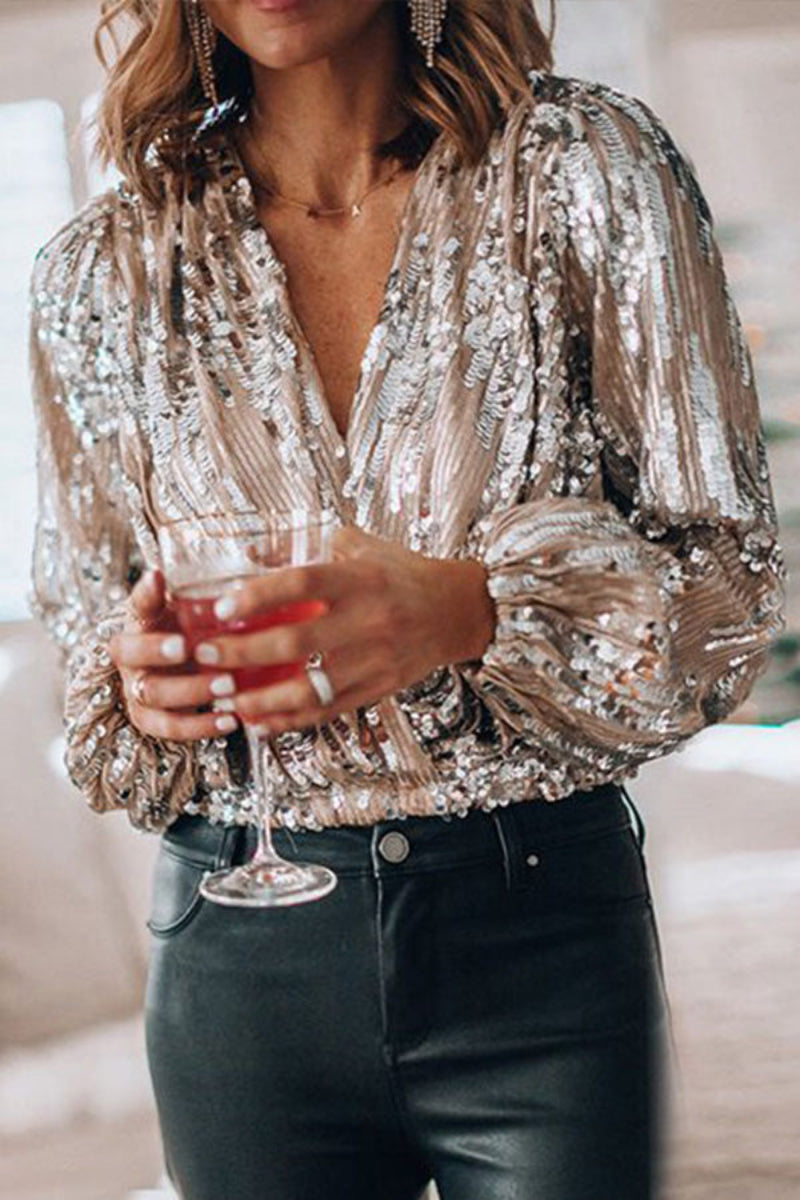Blouse Femme Élégante à Sequins Style Vintage pour Soirée et Événement