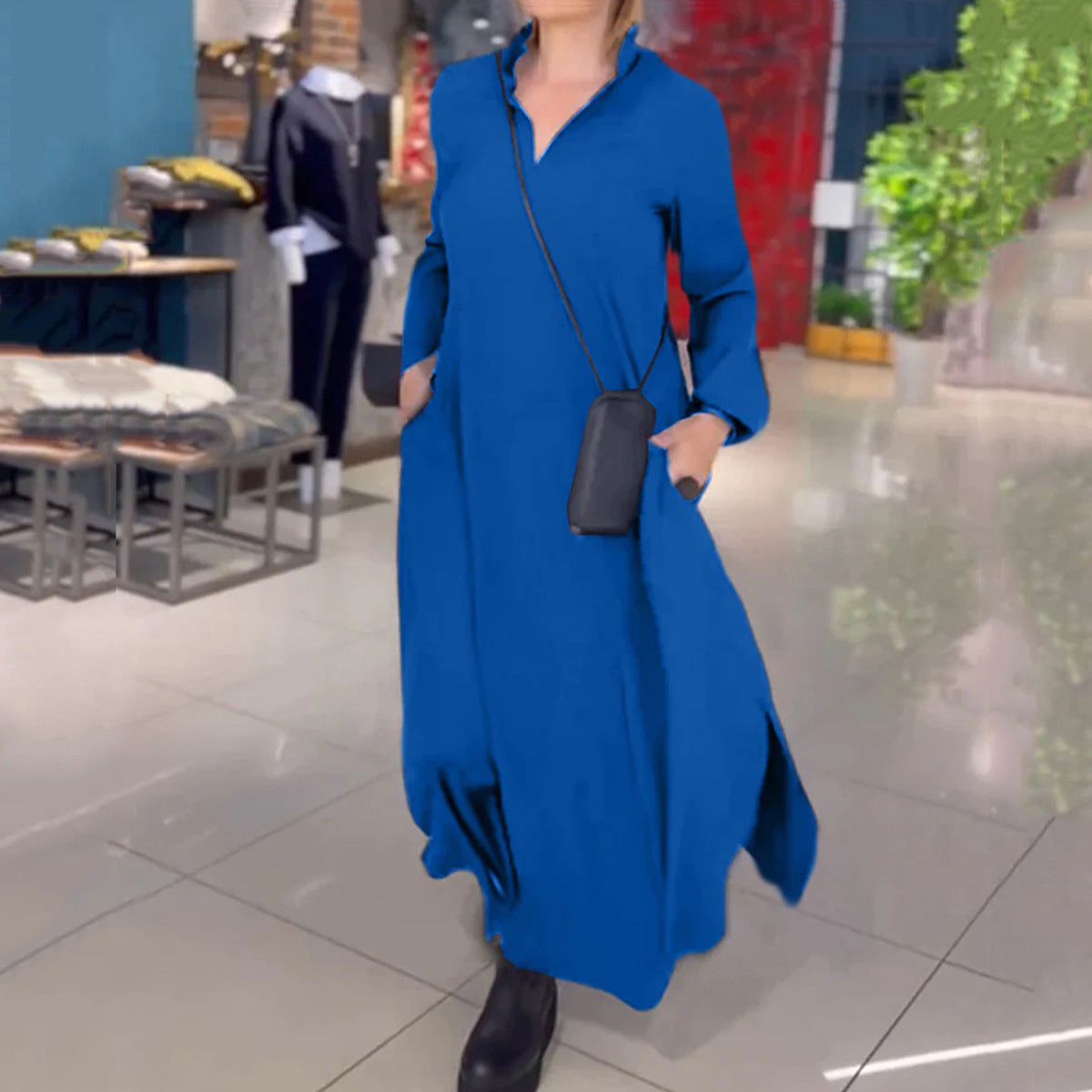 Deborah – Robe Longue Décontractée à Manches Longues et Col V