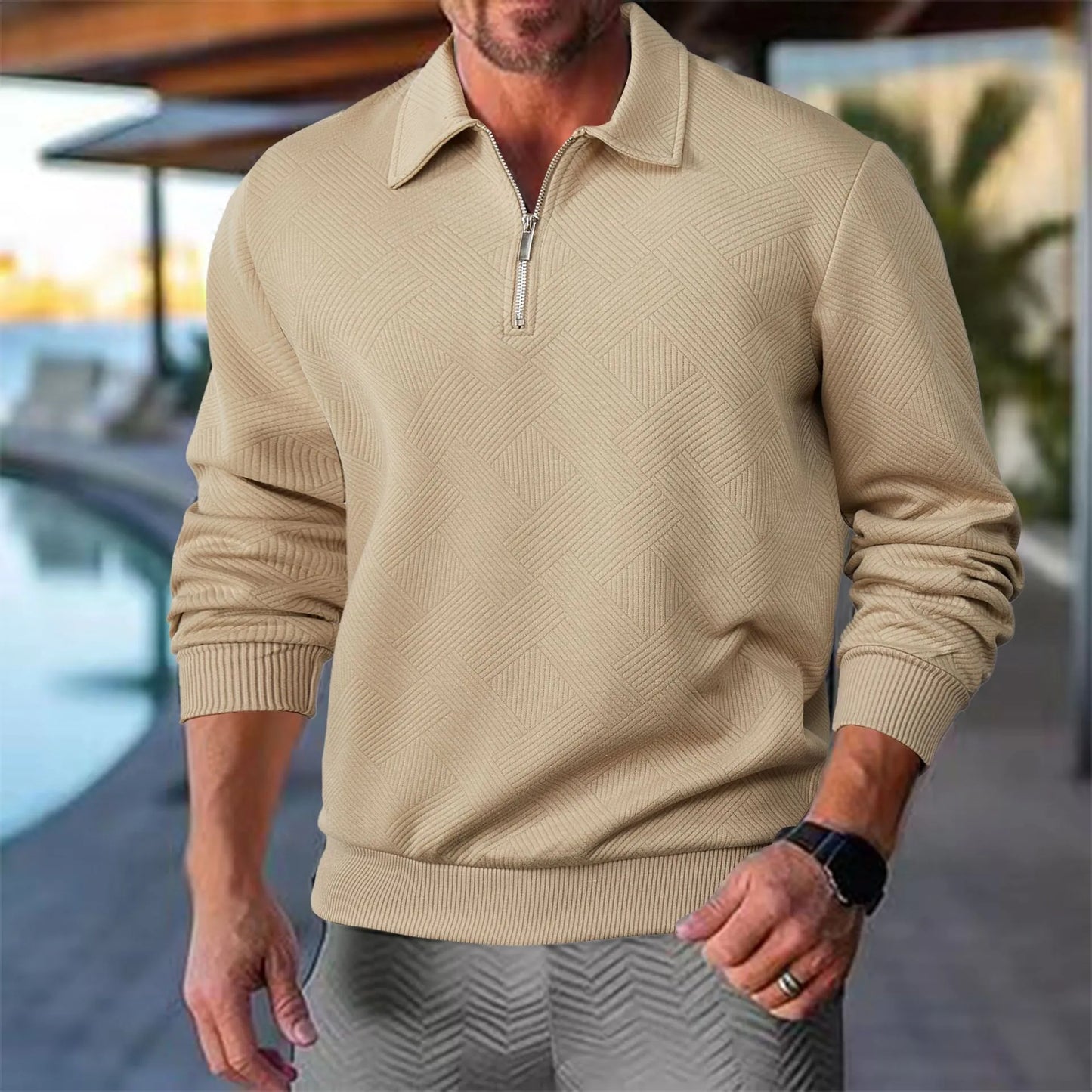 Sweat-shirt pour homme style vintage à col zippé avec motif géométrique – Élégance décontractée pour toutes occasions