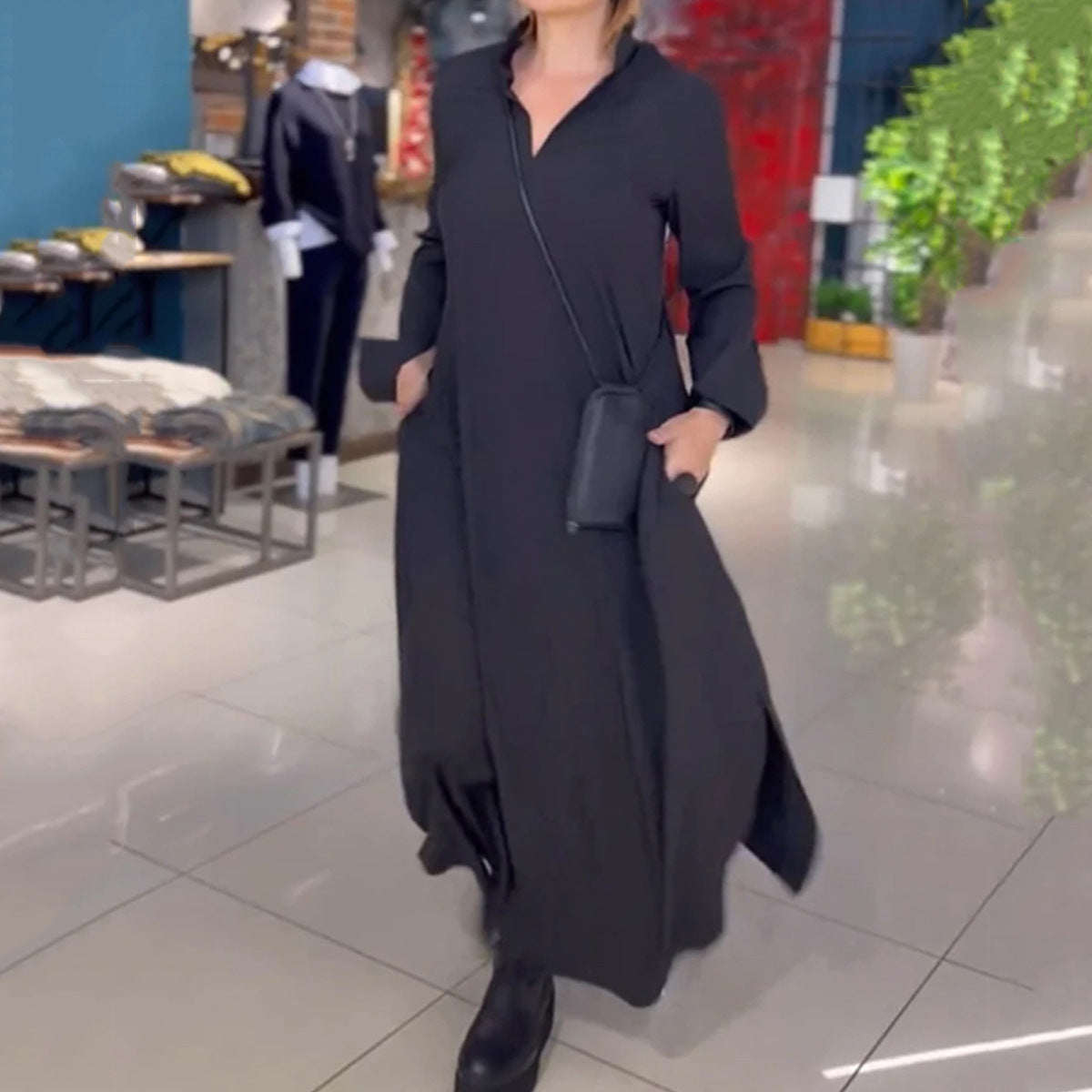 Deborah – Robe Longue Décontractée à Manches Longues et Col V