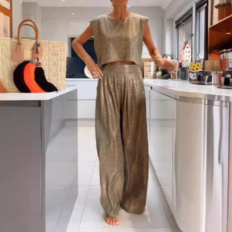 Christine – Ensemble de Pantalons à Jambe Large et Gilet Brillant