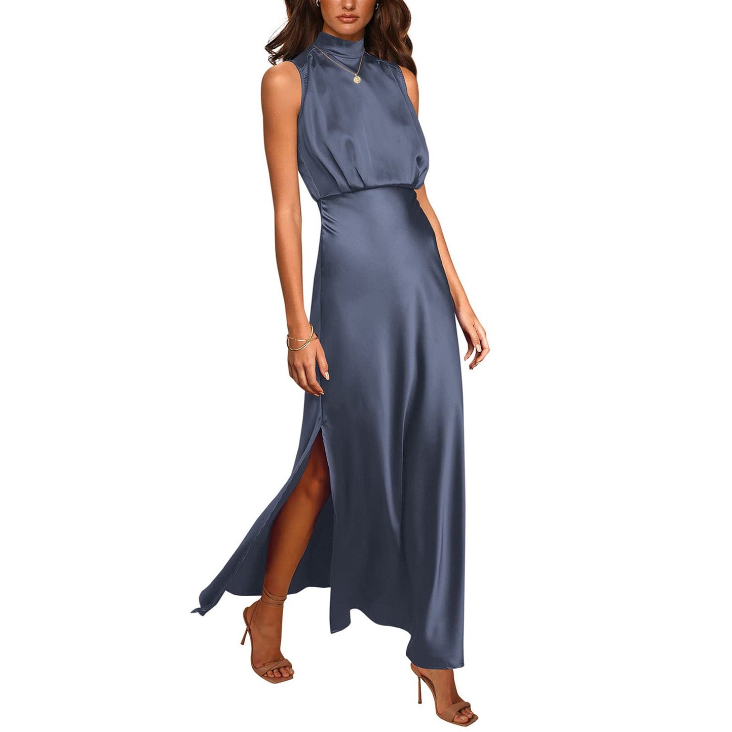 Mary – Robe en Satin à Col Montant