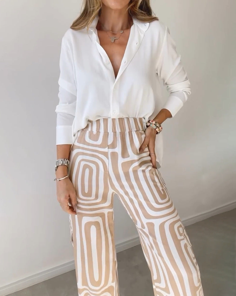 Megan – Ensemble Chemise à Manches Longues et Pantalon à Jambe Large Imprimé