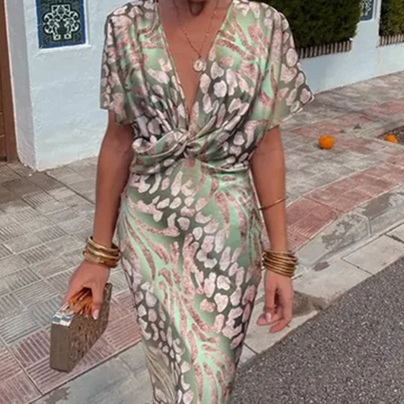 Claire – Robe Élégante à Col en V et Imprimé Torsadé