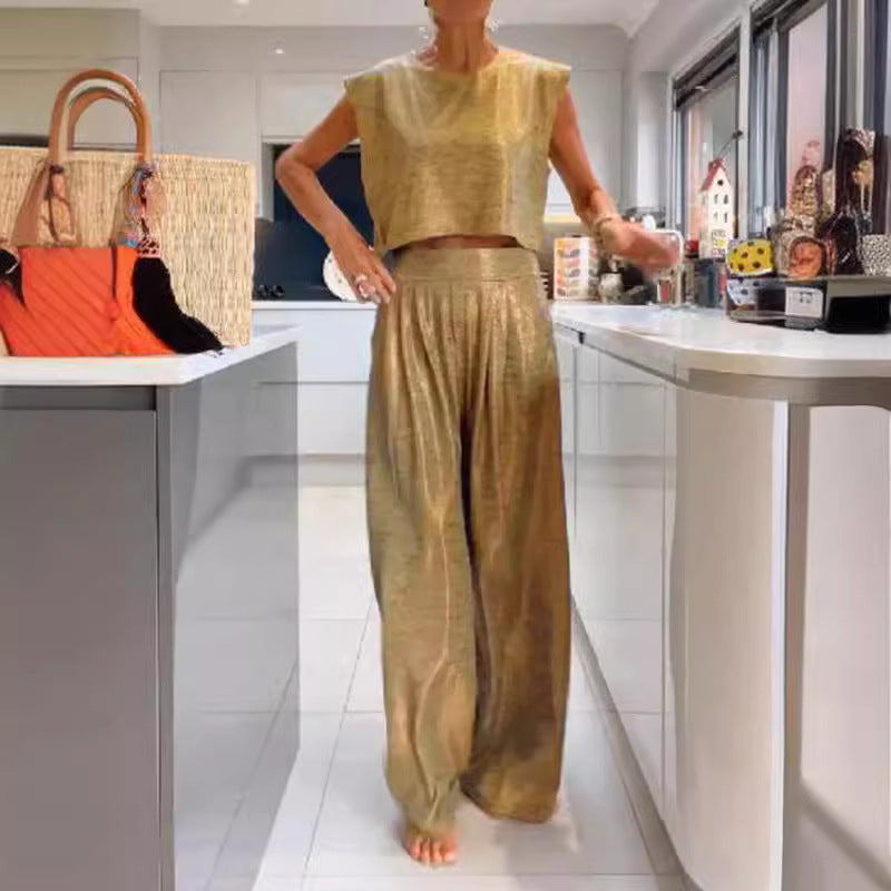 Christine – Ensemble de Pantalons à Jambe Large et Gilet Brillant