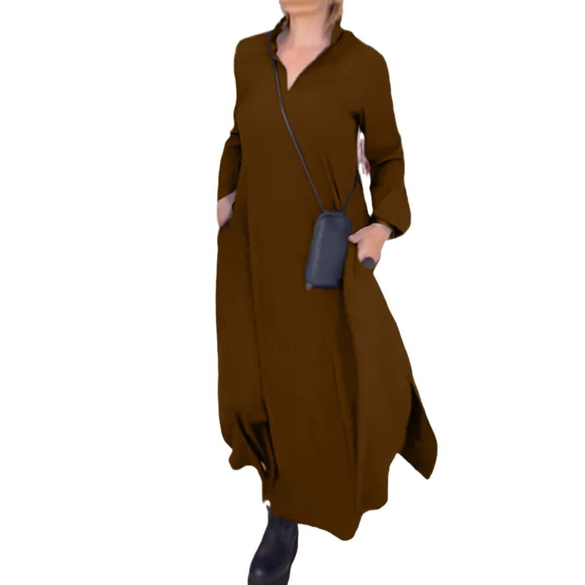 Deborah – Robe Longue Décontractée à Manches Longues et Col V