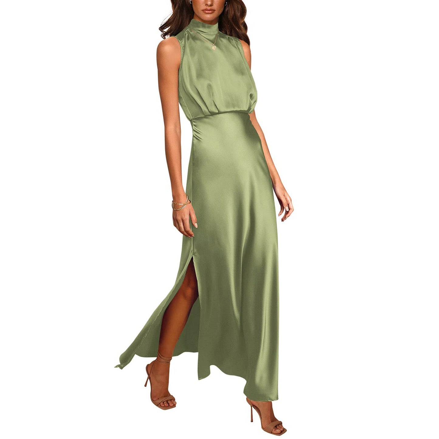 Mary – Robe en Satin à Col Montant